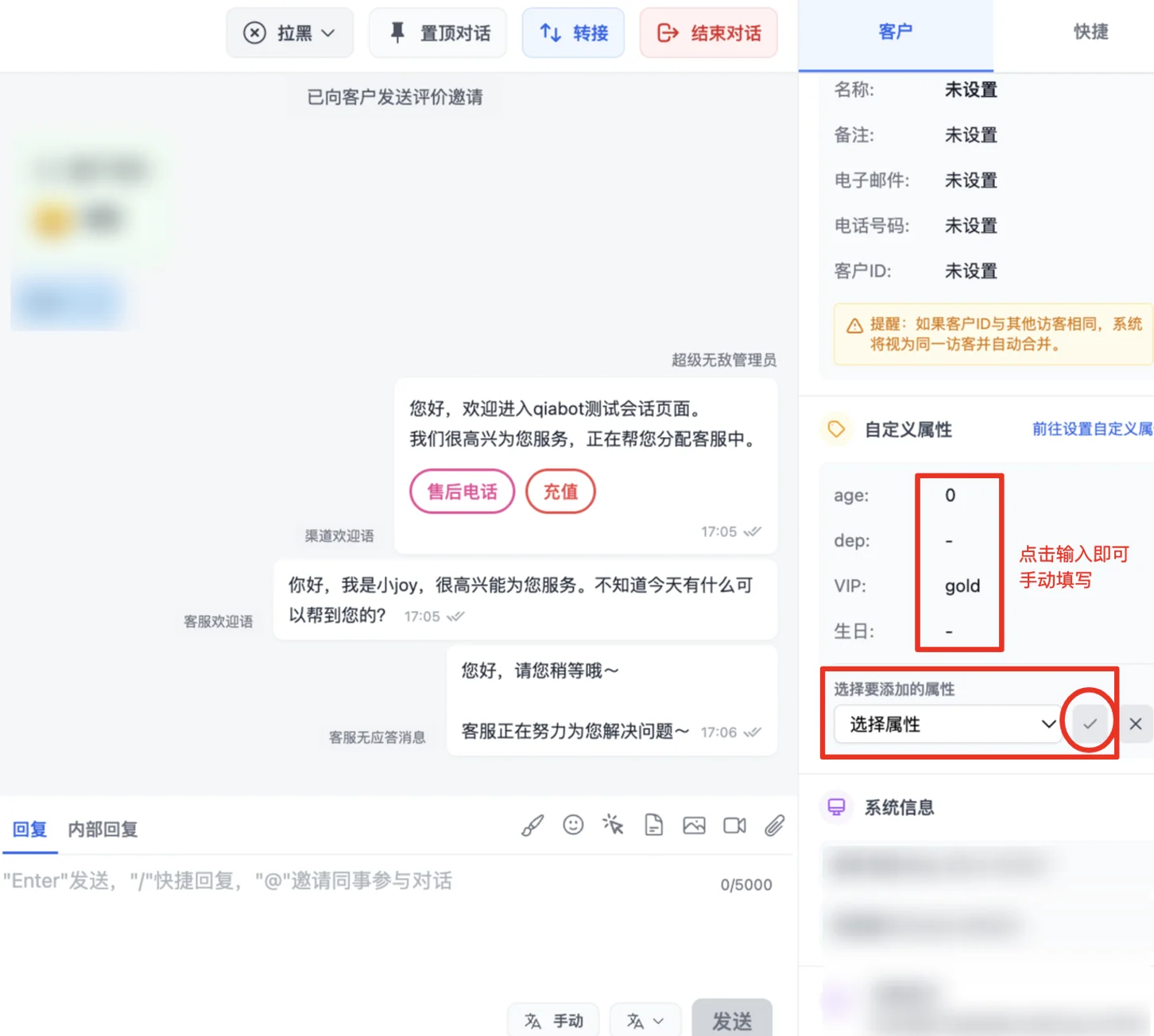 选择并填写自定义属性值