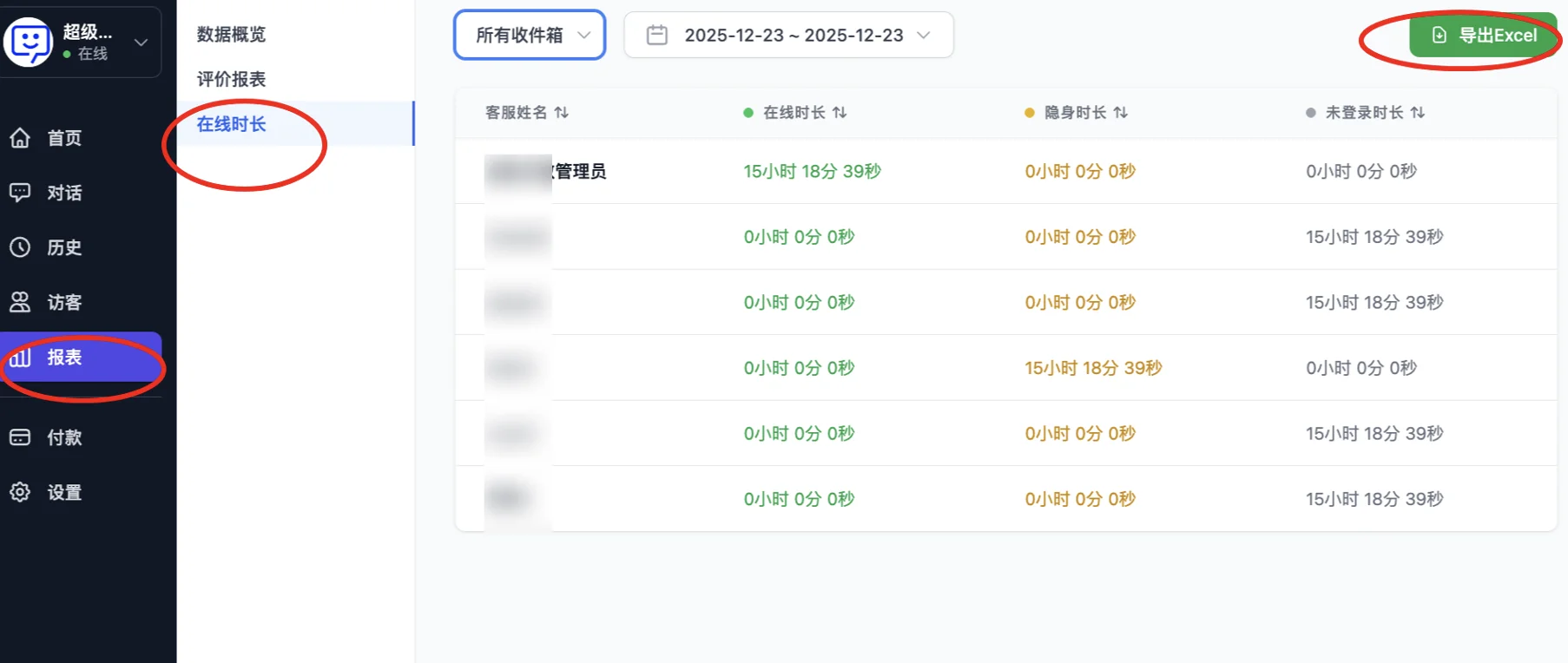 客服在线时长统计列表